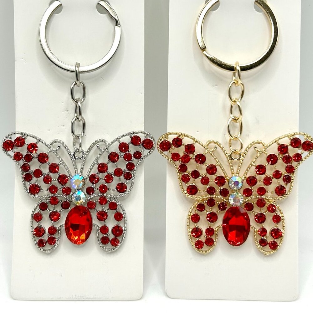 Red Crystal Butterfly Keychain Charm | Gold & Silver
